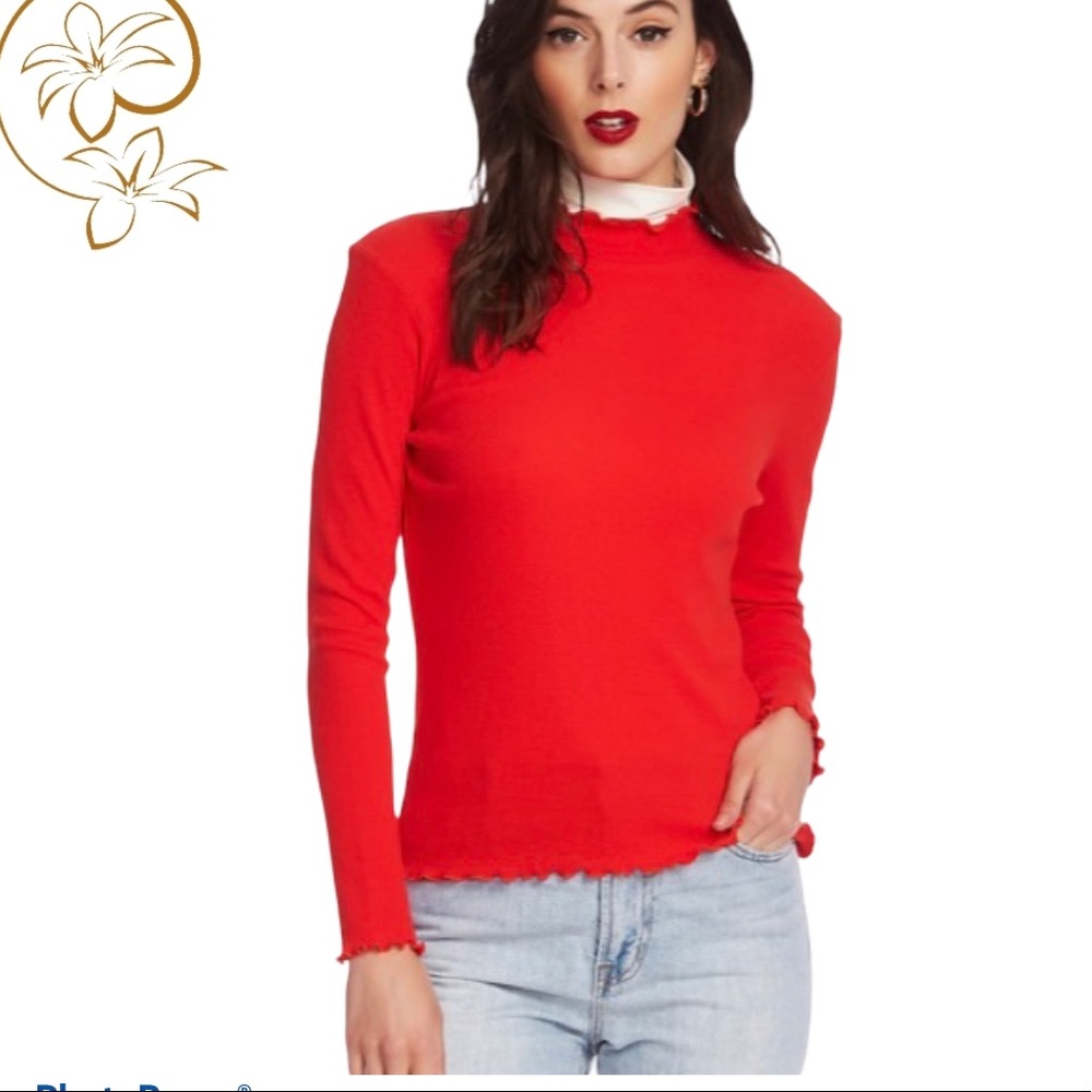 COURT & ROWE Red Lettuce Edge Mock Neck Top XL